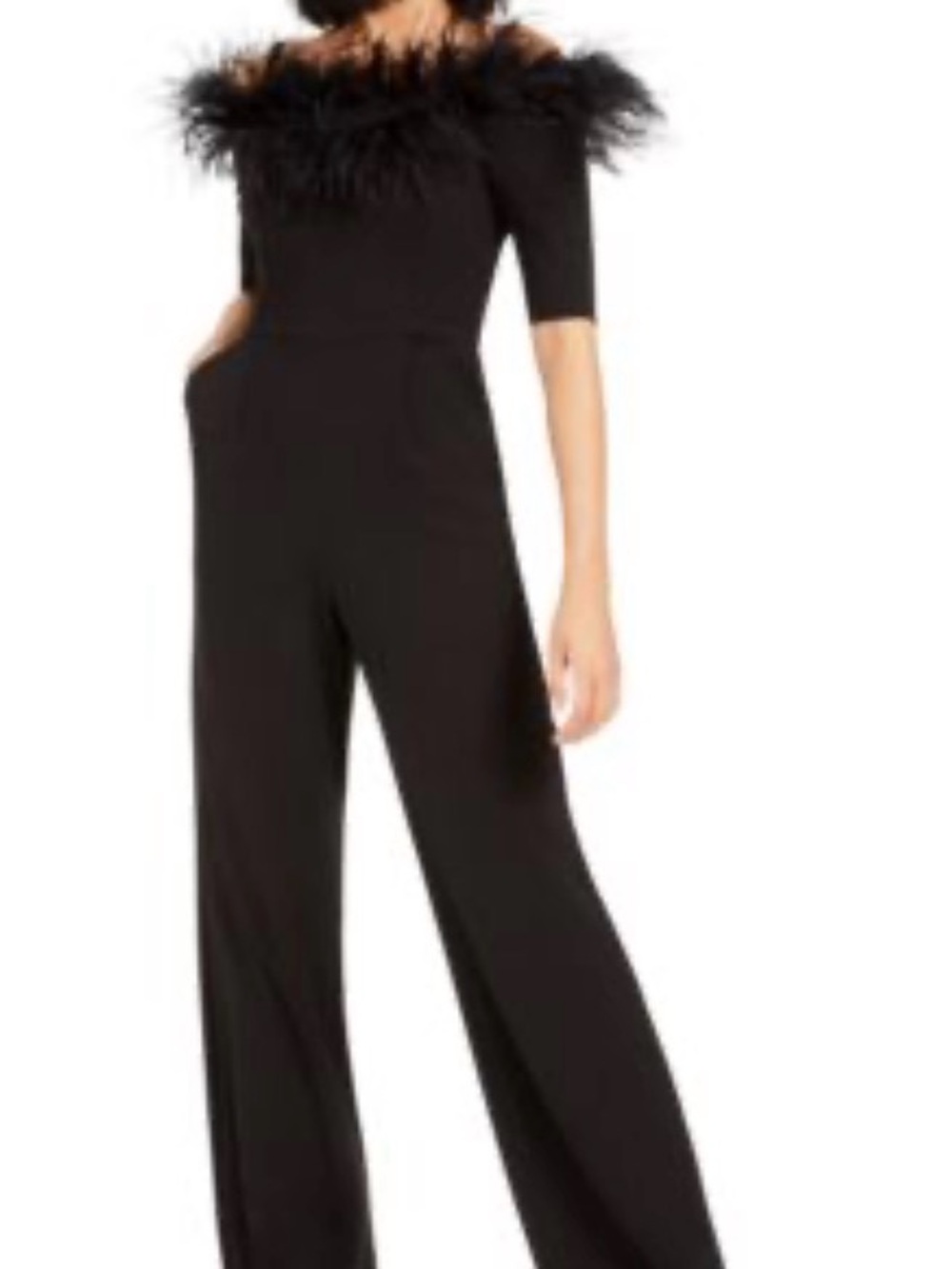 Calvin Klein Black Feather-Trim Off-Shoulder Jumpsuit